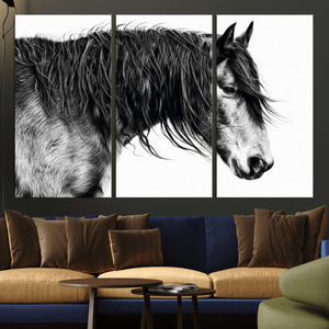 Majestic Horse Wall Art – Framed Black White Portrait Canvas