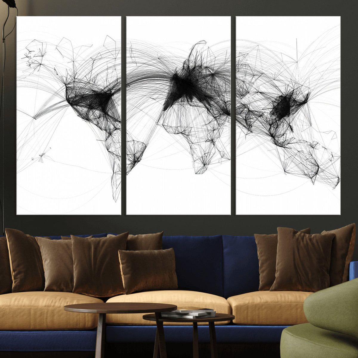 Abstract World Map Wall Art – Framed Geometric Line Canvas