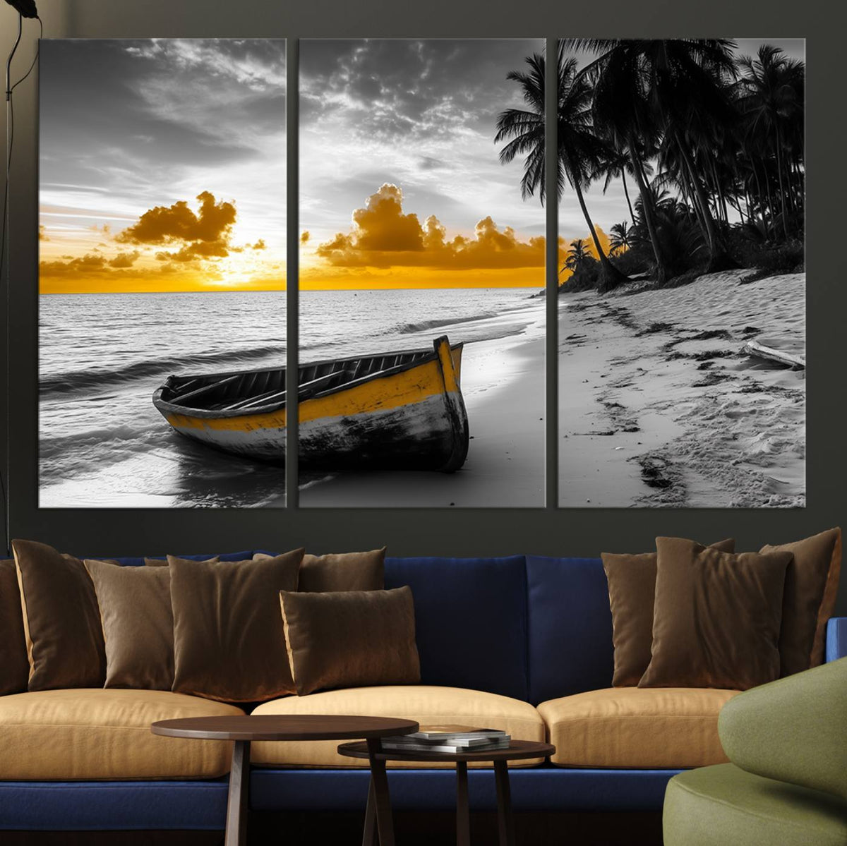 Yellow Rowboat Wall Art – Framed Tropical Shoreline Canvas