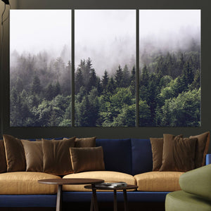 Misty Forest Wall Art Canvas Print, Serene Foggy Pines and