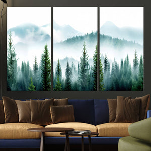 Pine Forest Wall Art Canvas Print – Misty Mountains Foggy