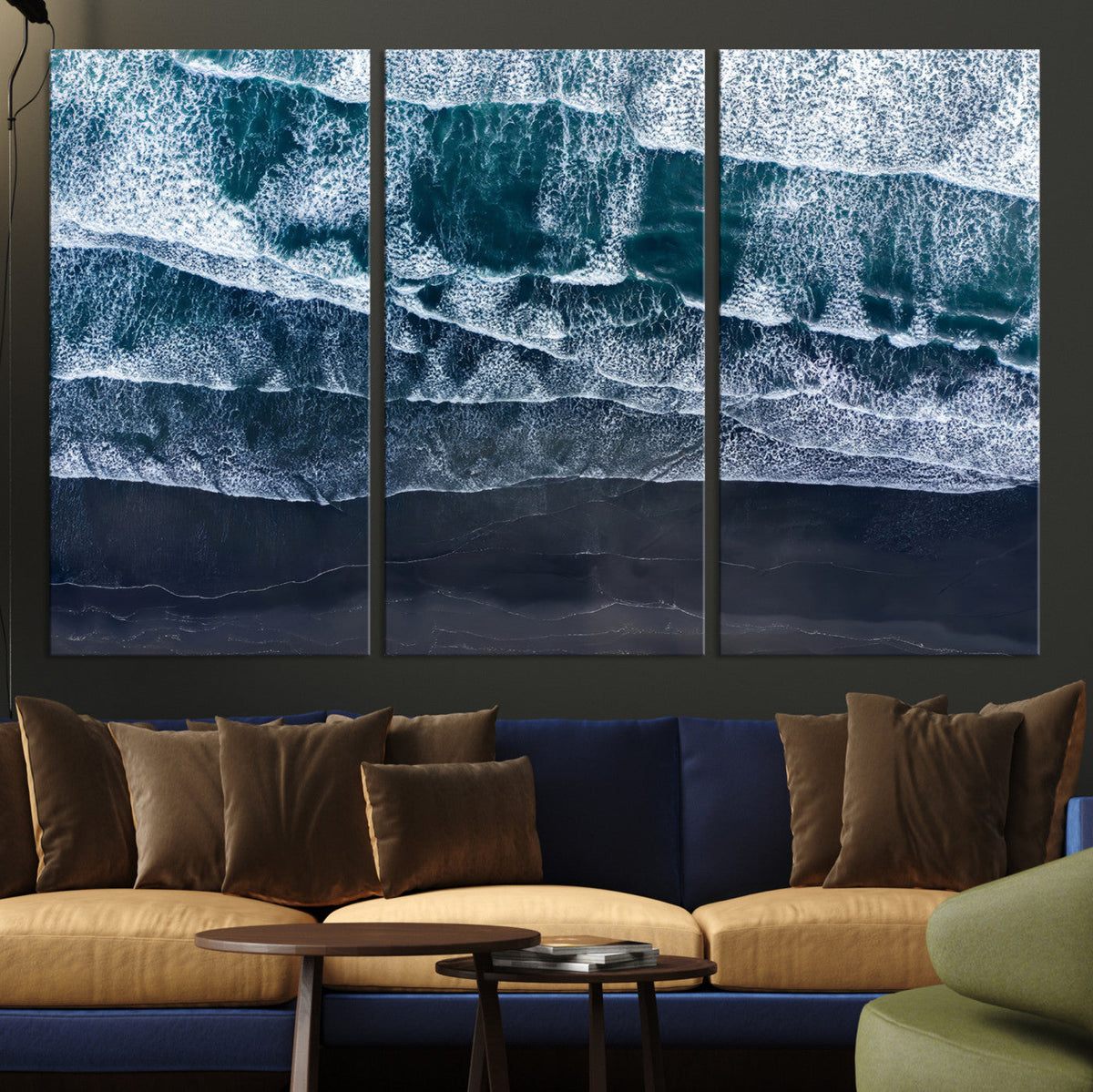 Black Beach Wall Art Canvas Print – Framed Aerial Ocean View