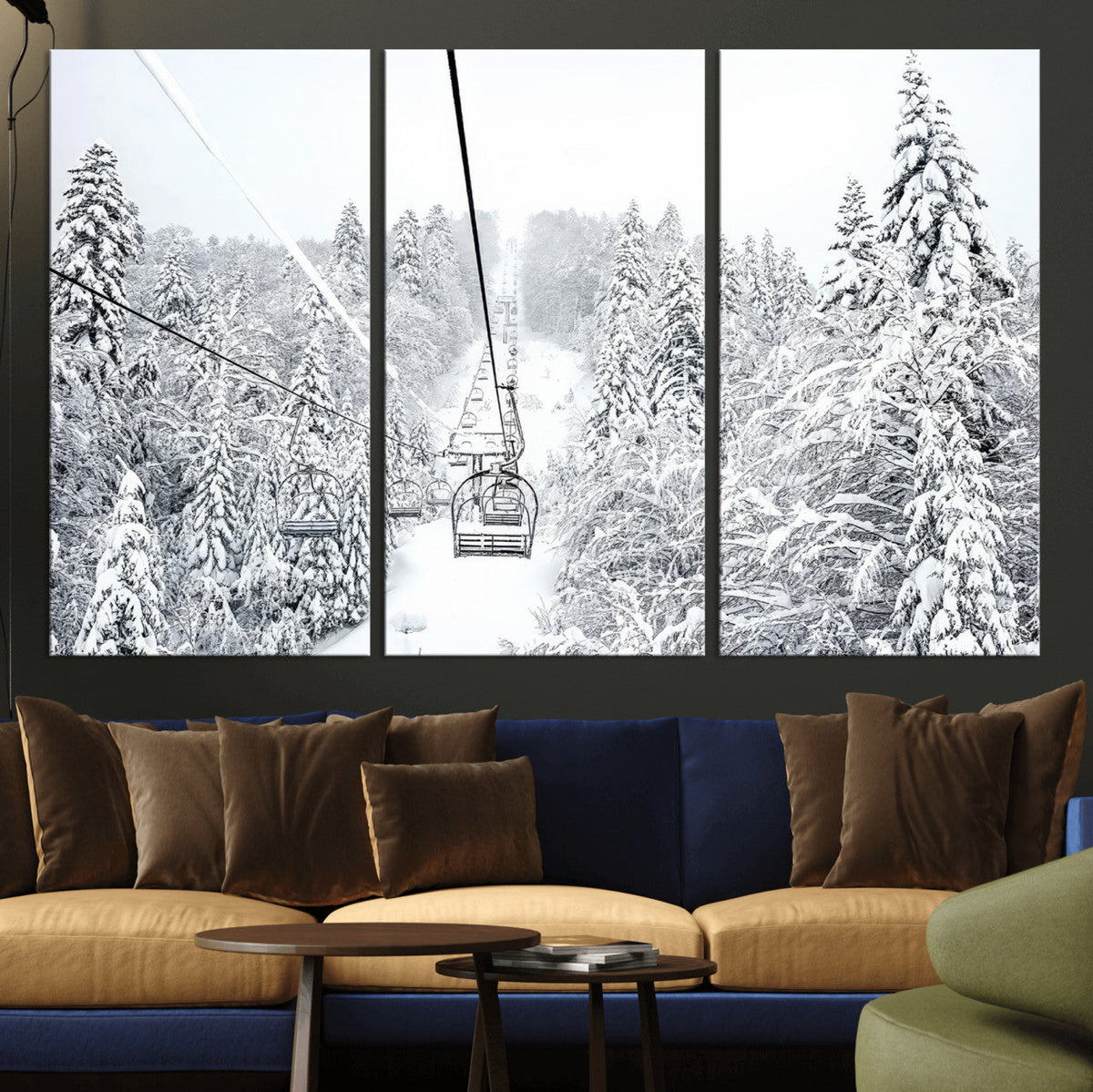 Snowy Ski Lift Wall Art – Framed Winter Mountain Canvas