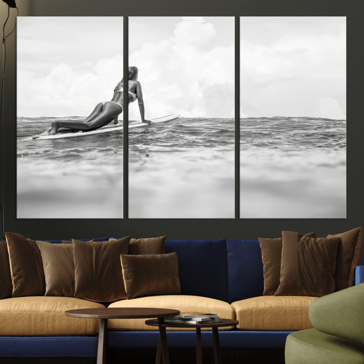 Black and White Surfing Wall Art Canvas Print – Framed Ocean