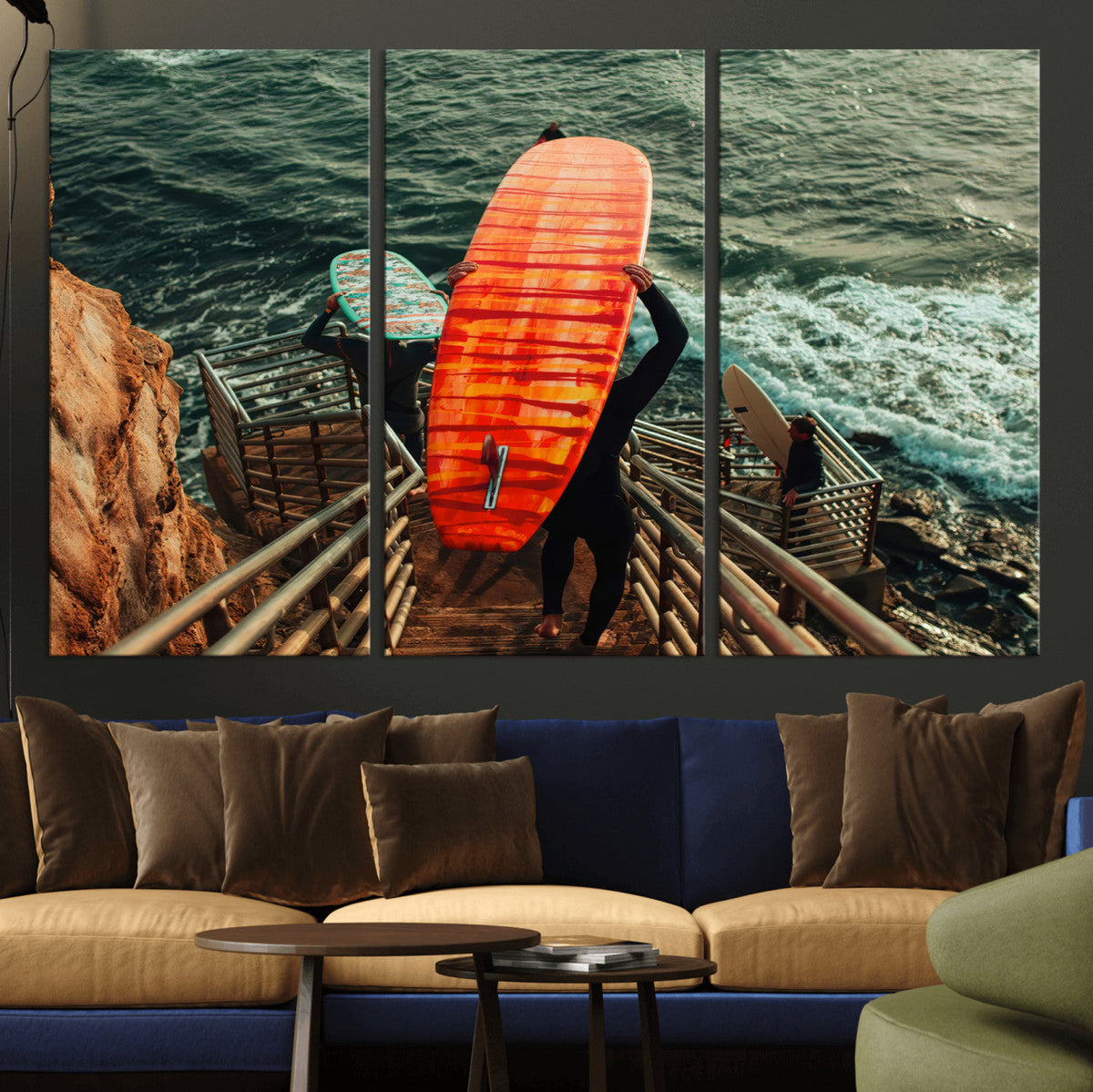 Surfer Stairway Wall Art – Framed Ocean Surf Canvas Artwork,