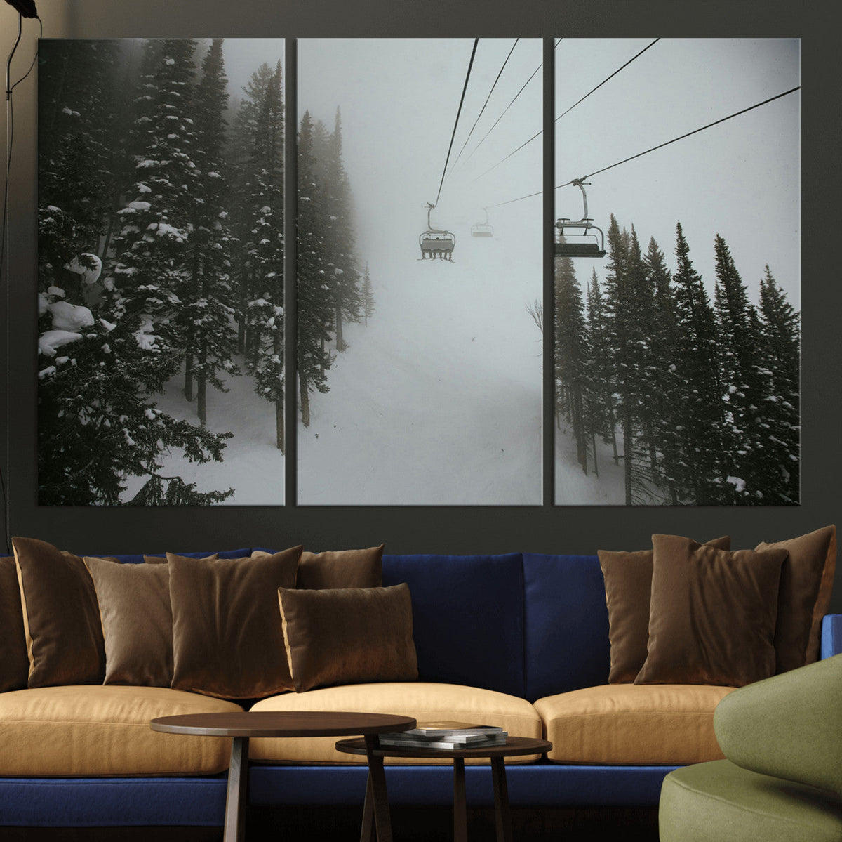 Ski Lift Wall Art Canvas Print – Snowy Pines Misty Landscape