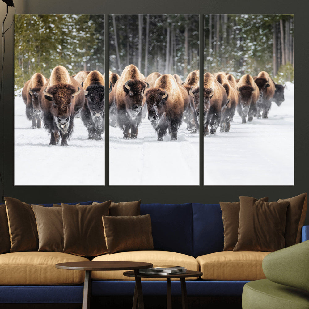 American Bison Herd Wall Art Canvas Print – Powerful Winter
