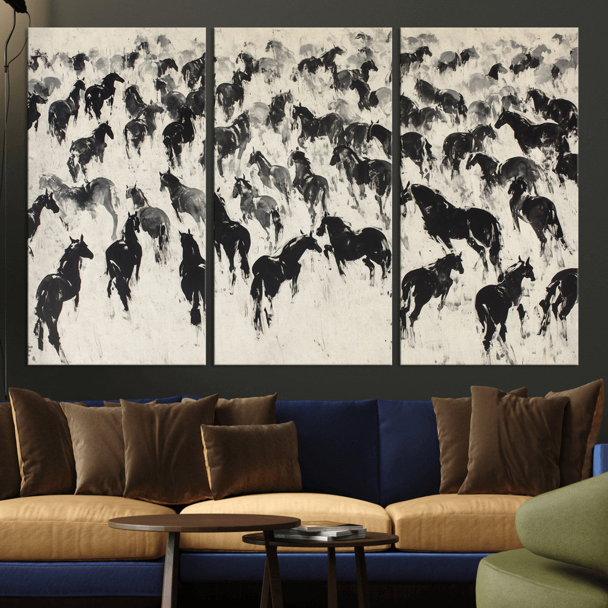 Wild Horse Stampede Wall Art Canvas Print – Monochrome