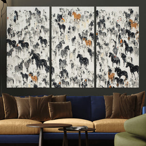 Wild Horse Stampede Wall Art Canvas Print – Monochrome