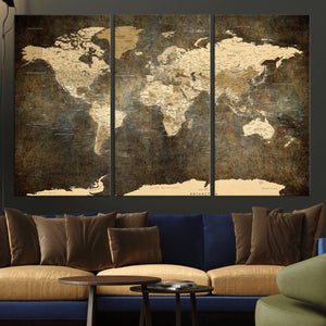 Large Framed Vintage World Map Wall Art Print for Home Wall