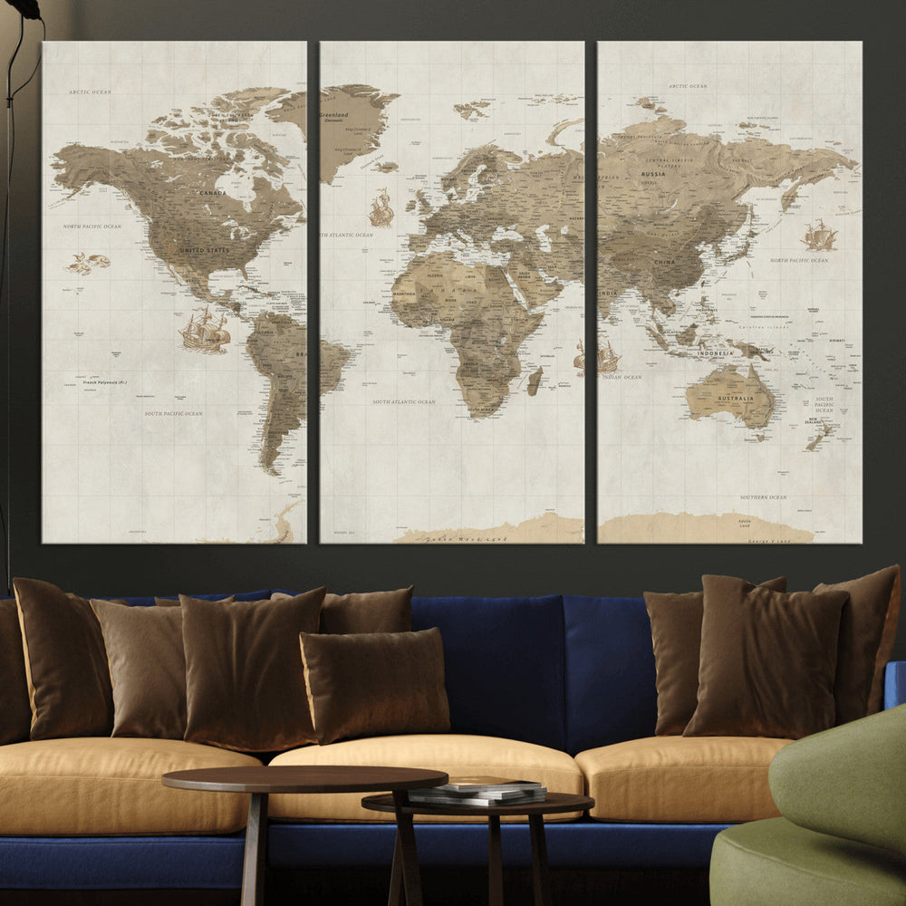 Detailed World Map Wall Art Canvas Print