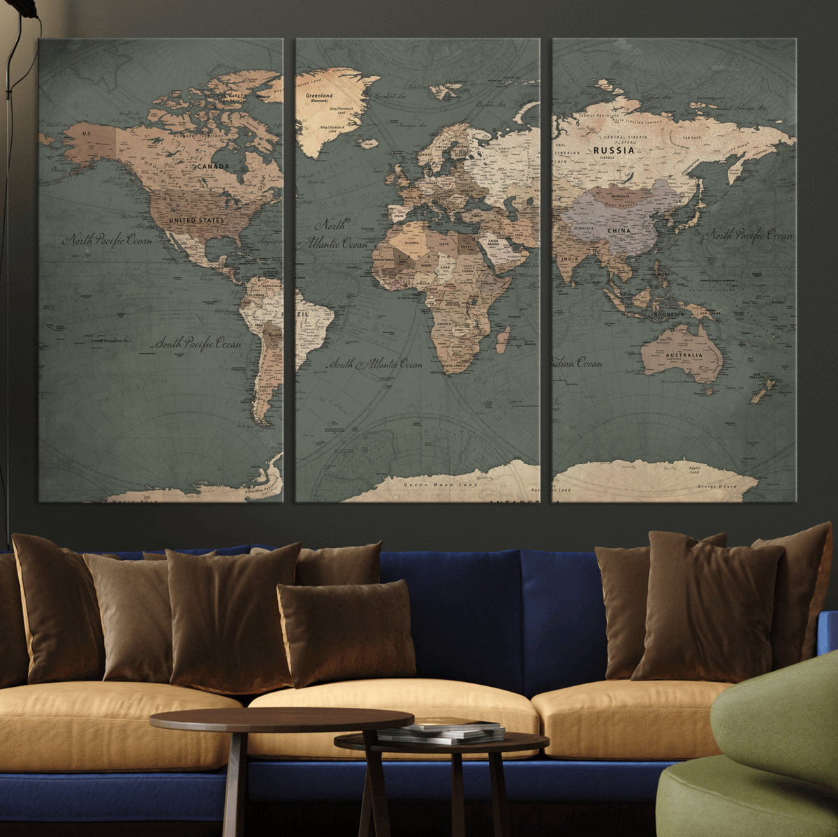 Rustic Black and Wood World Map Canvas Wall Art – Framed