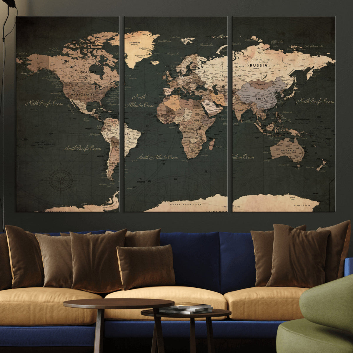 Vintage World Map Canvas Wall Art – Framed Travel Map for