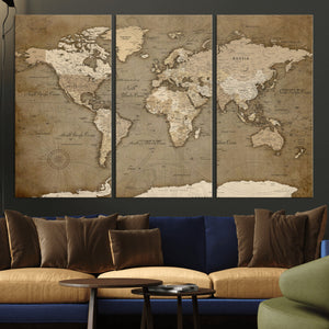 World Map Wall Art Canvas Print, Framed Map Art Picture