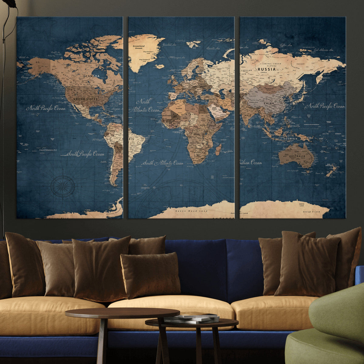 Navy Blue World Map Canvas Print – Framed Travel Map Wall
