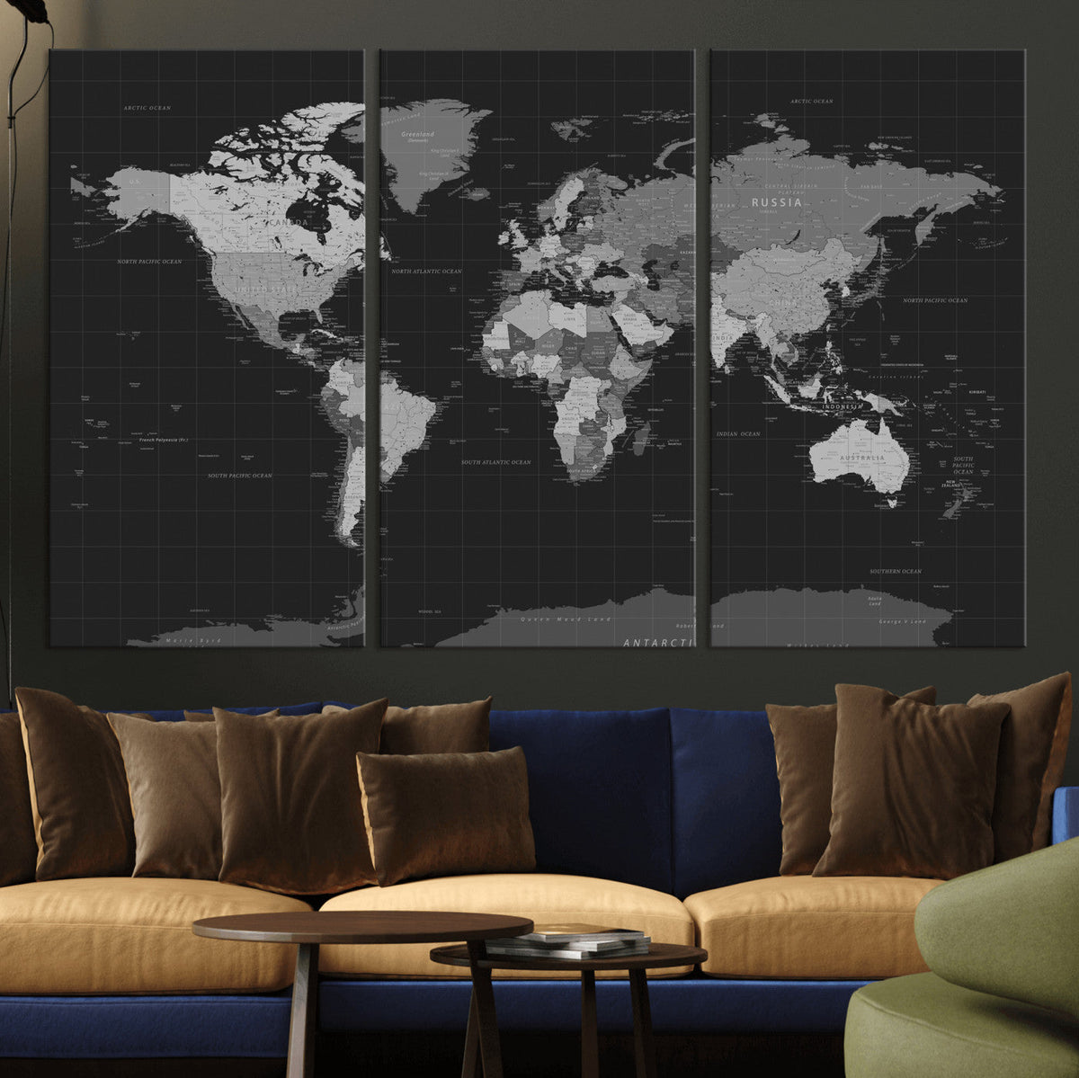 Black World Map Wall Art Canvas Print – Detailed Map of the