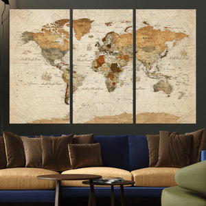 Rustic Vintage World Map Canvas Print – Framed Modern
