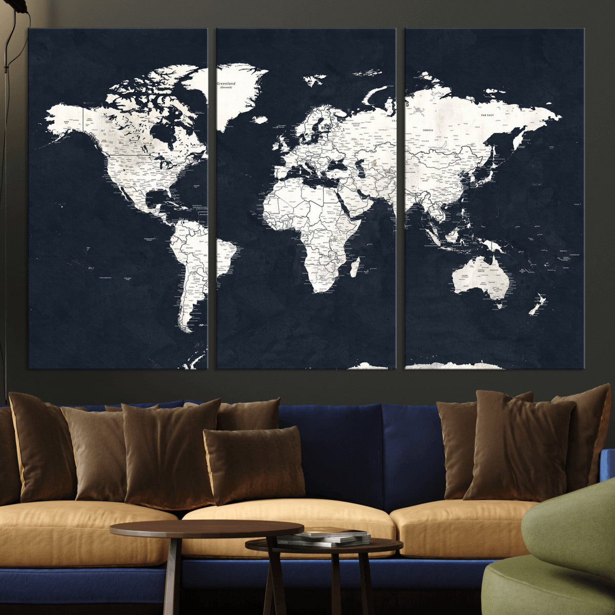 Black World Map Wall Art Canvas Print for Home Office and