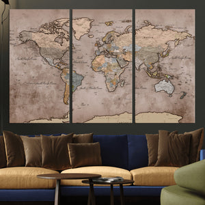 Grunge World Map Canvas Wall Art - Vintage Aged World Map