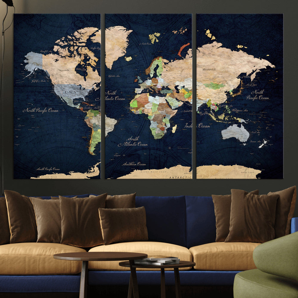 Minimalist World Map Canvas Wall Art - Watercolor Blue and