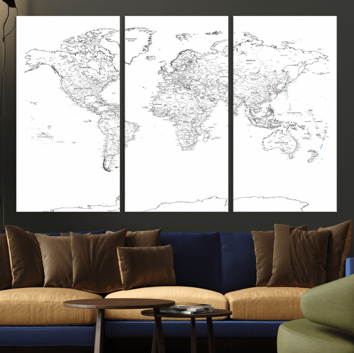 World Map Canvas Print – Framed Modern Detailed Map of the