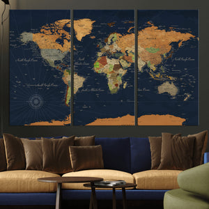 Modern World Map Canvas Print – Framed Detailed Map of the