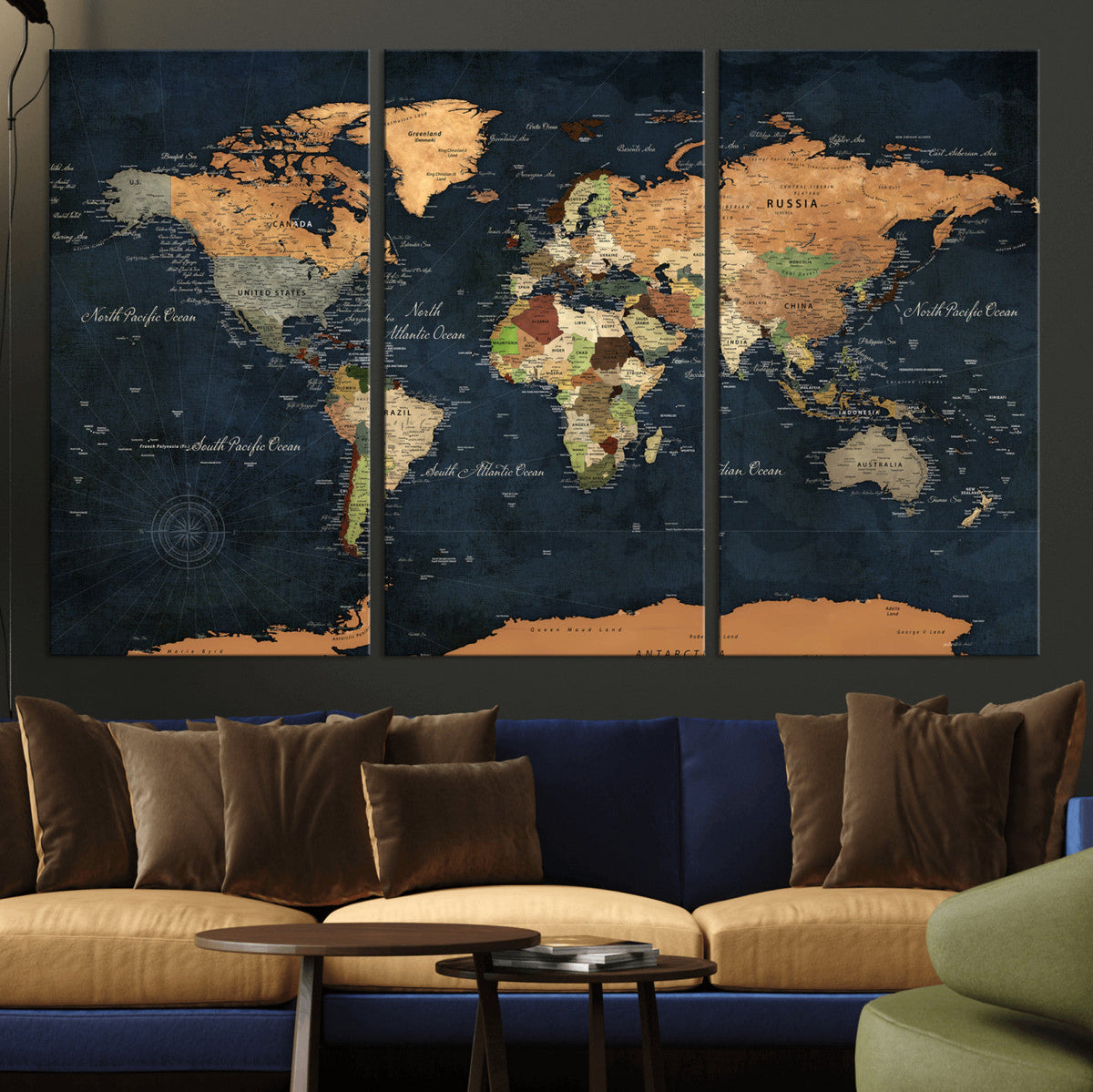 Vintage World Map Canvas Wall Art – Detailed Map with