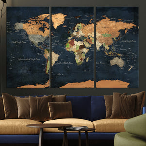 Vintage World Map Canvas Wall Art – Detailed Map with