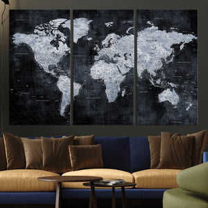 Black World Map Canvas Print – Detailed Map for Couples and