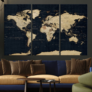 Dark World Map Canvas Wall Art Print, Minimal Black and Gold