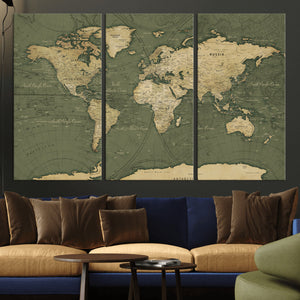 Large World Map Canvas Wall Art Print for Study Room Decor -