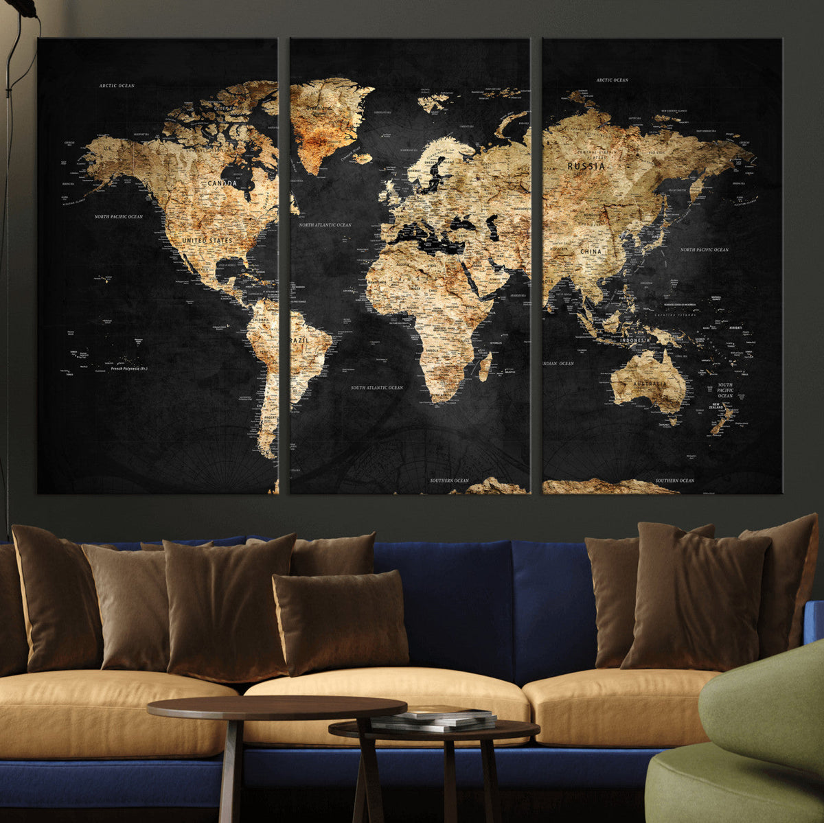 World Map Canvas Wall Art with Famous Landmarks – Framed