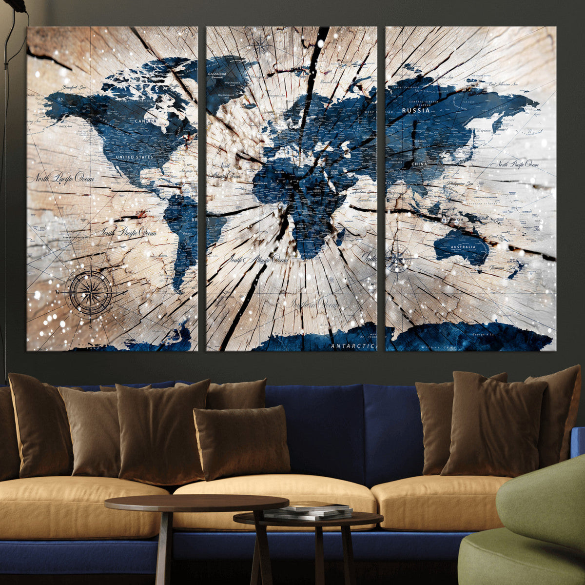 Rustic World Map Canvas Print – Framed Wall Art for Couples,