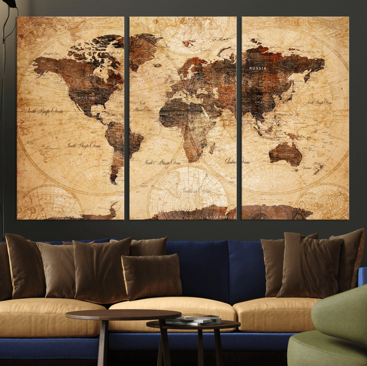 Modern Red and Gray World Map Canvas Print – Framed Wall Art