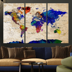 Watercolor World Map Canvas Print – Framed Wall Art for