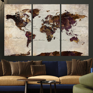 World Map Canvas Triptych – Colorful Global Wall Art for