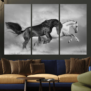 Wild Horses Wall Art Canvas Print – Framed Black and White