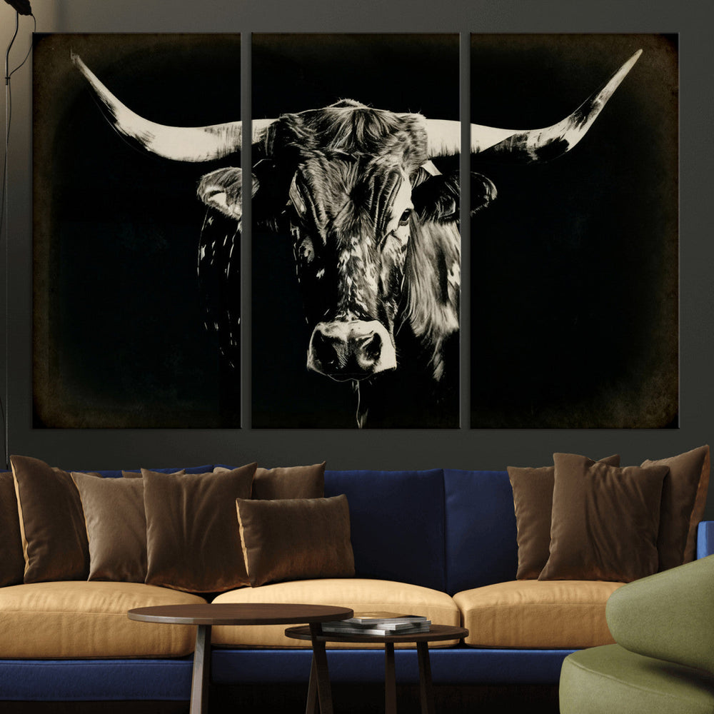 Black Bull Wall Art Canvas Print, Texas Longhorn Portrait