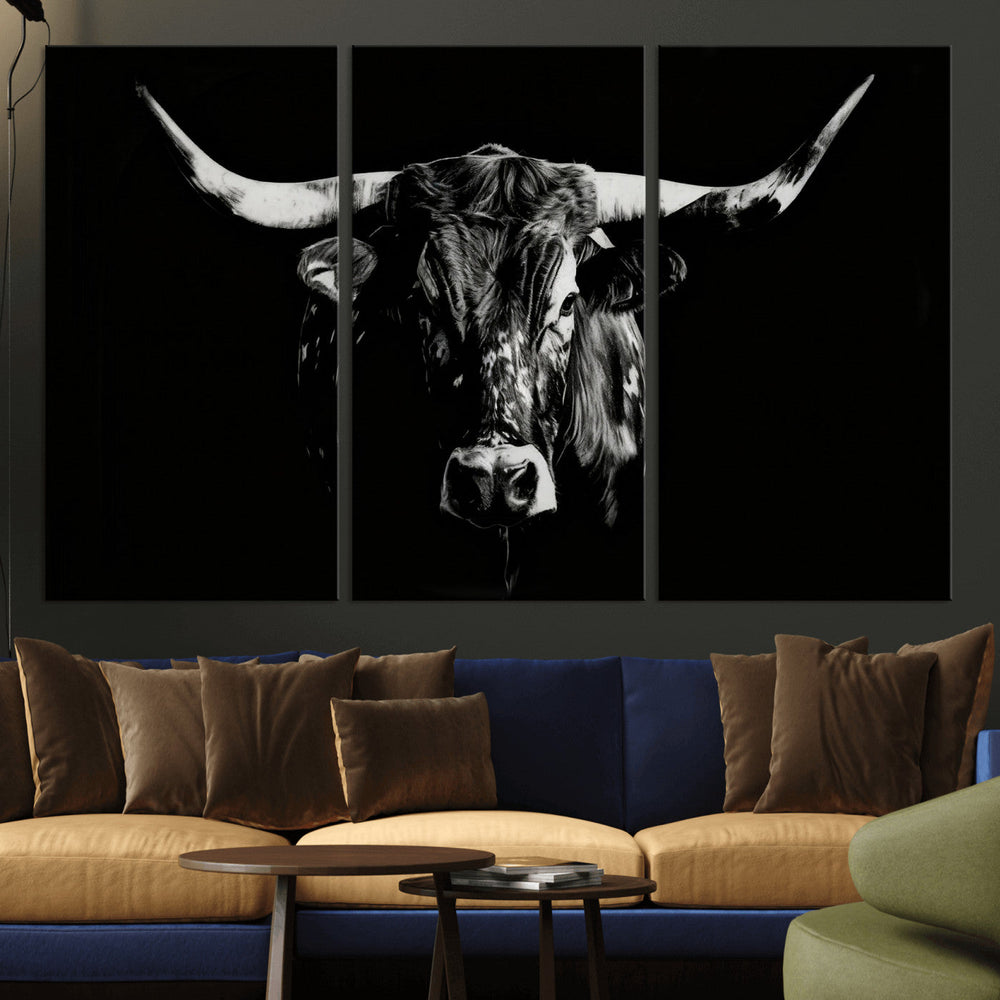 Black Bull Wall Art Canvas Print, Dark Longhorn Portrait