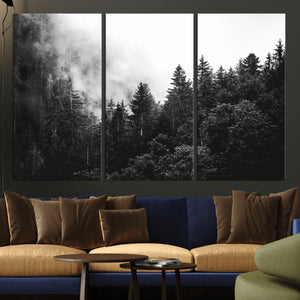 Black White Forest Wall Art Canvas Print, Misty Pine Tree