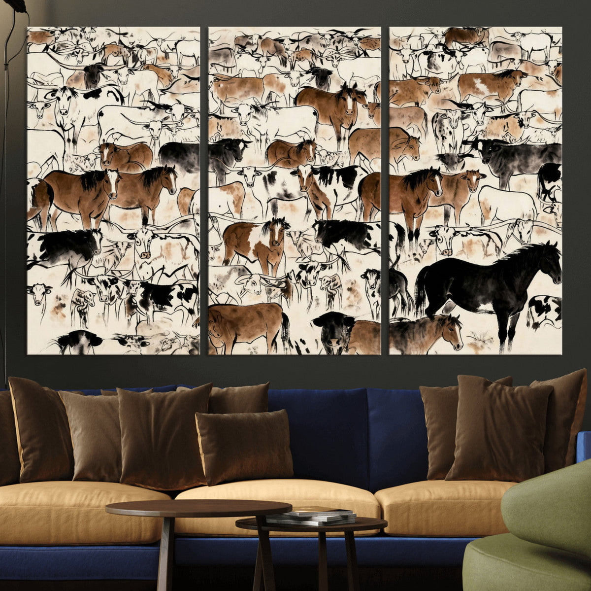 Farmhouse Animals Horse Longhorn Cow Wall Art Canvas Print -
