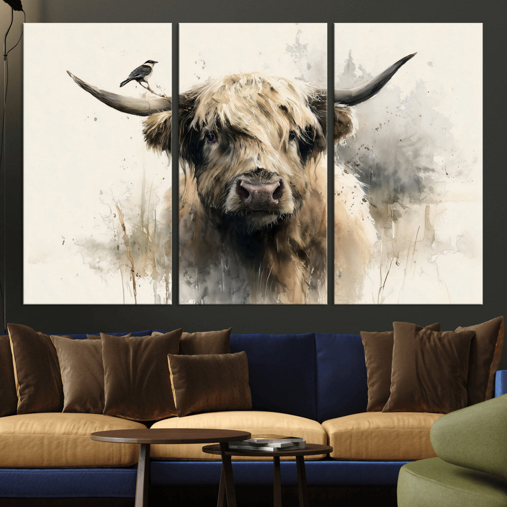 Abstract Highland Cow Wall Art Canvas Print, Rustic Farm
