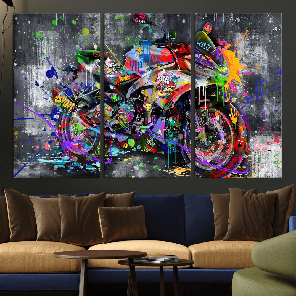 Graffiti Motorcycle Wall Art Canvas Print, Urban Street Art