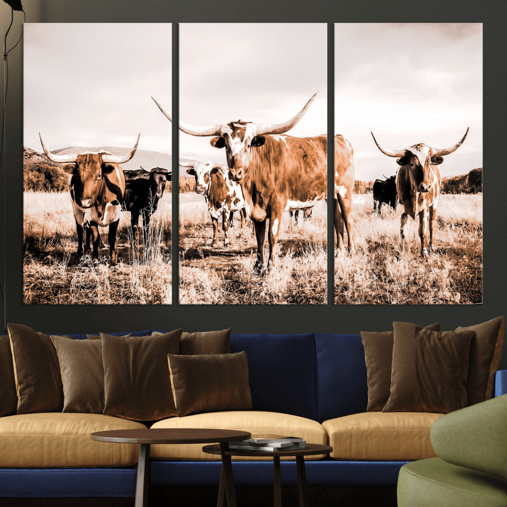 Texas Longhorn Cattle Wall Art Canvas Print, Sepia Western