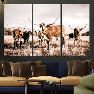 Texas Longhorn Cattle Wall Art Canvas Print, Sepia Western