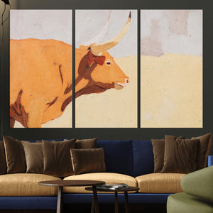 Minimal Longhorn Bull Wall Art Canvas Print, Neutral Western