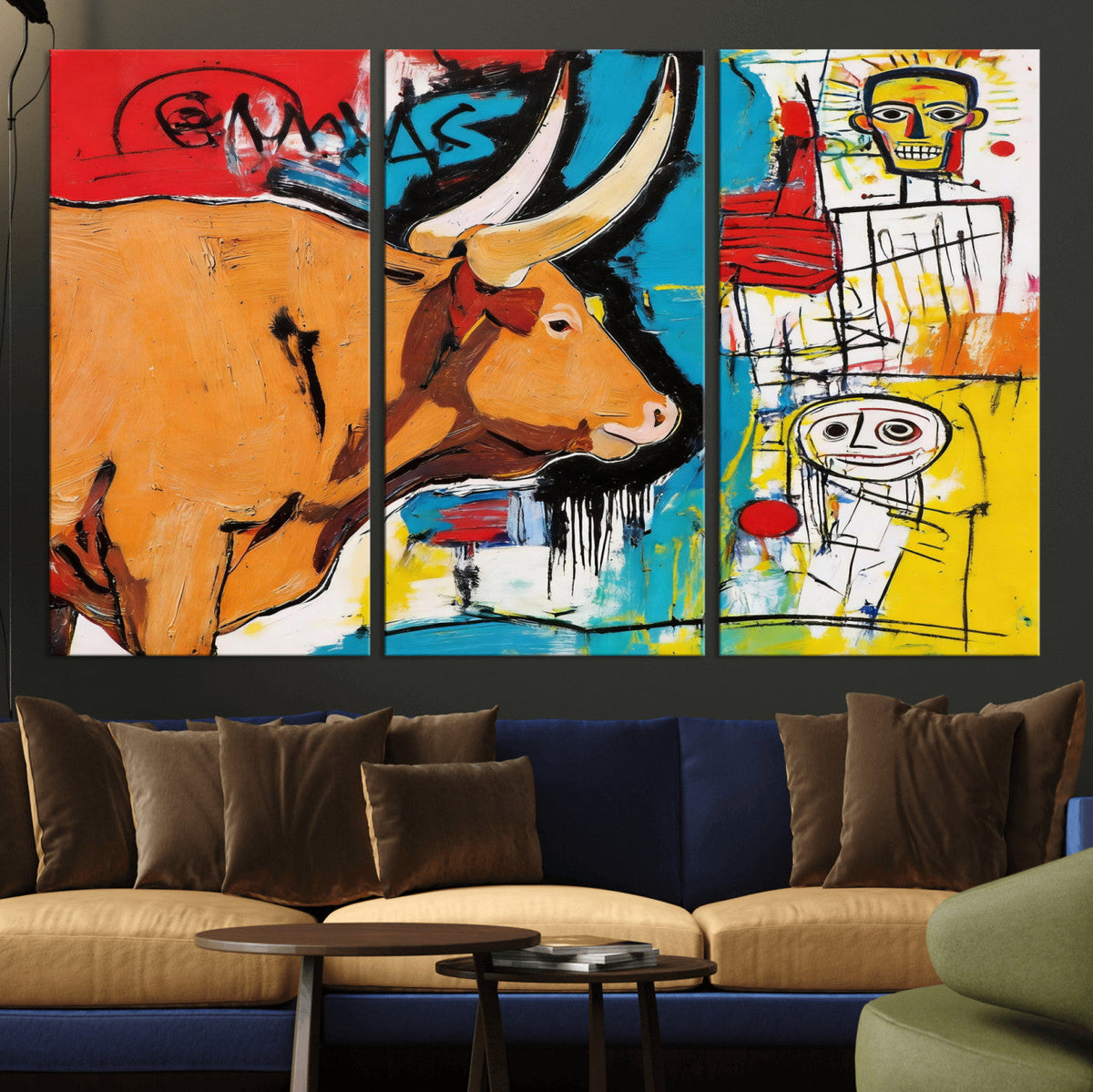 Basquiat Style Bull Graffiti Wall Art Canvas Print, Street