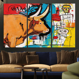 Basquiat Style Bull Graffiti Wall Art Canvas Print, Street