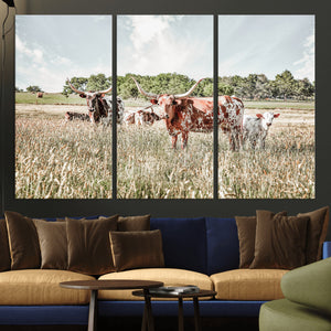 Texas Longhorn Cattle Wall Art Canvas Print, Rustic Ranch
