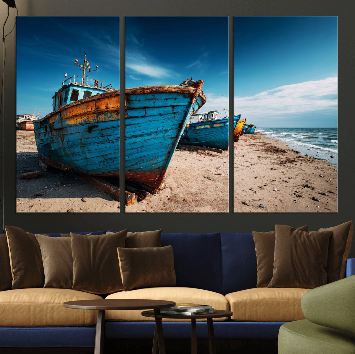 Coastal Fishing Boats Wall Art Canvas Print, Sunset Beach
